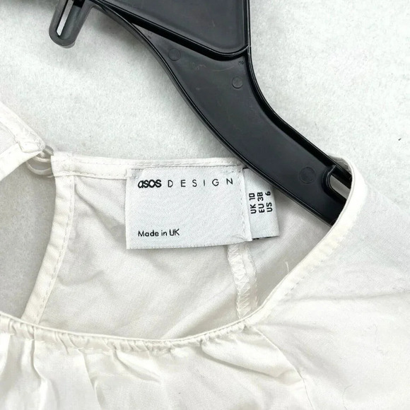 Asos Shift Dress Sz 6 White Round Neck 3/4 Puff Sleeves Peplum Drop Waisted - Picture 9 of 10